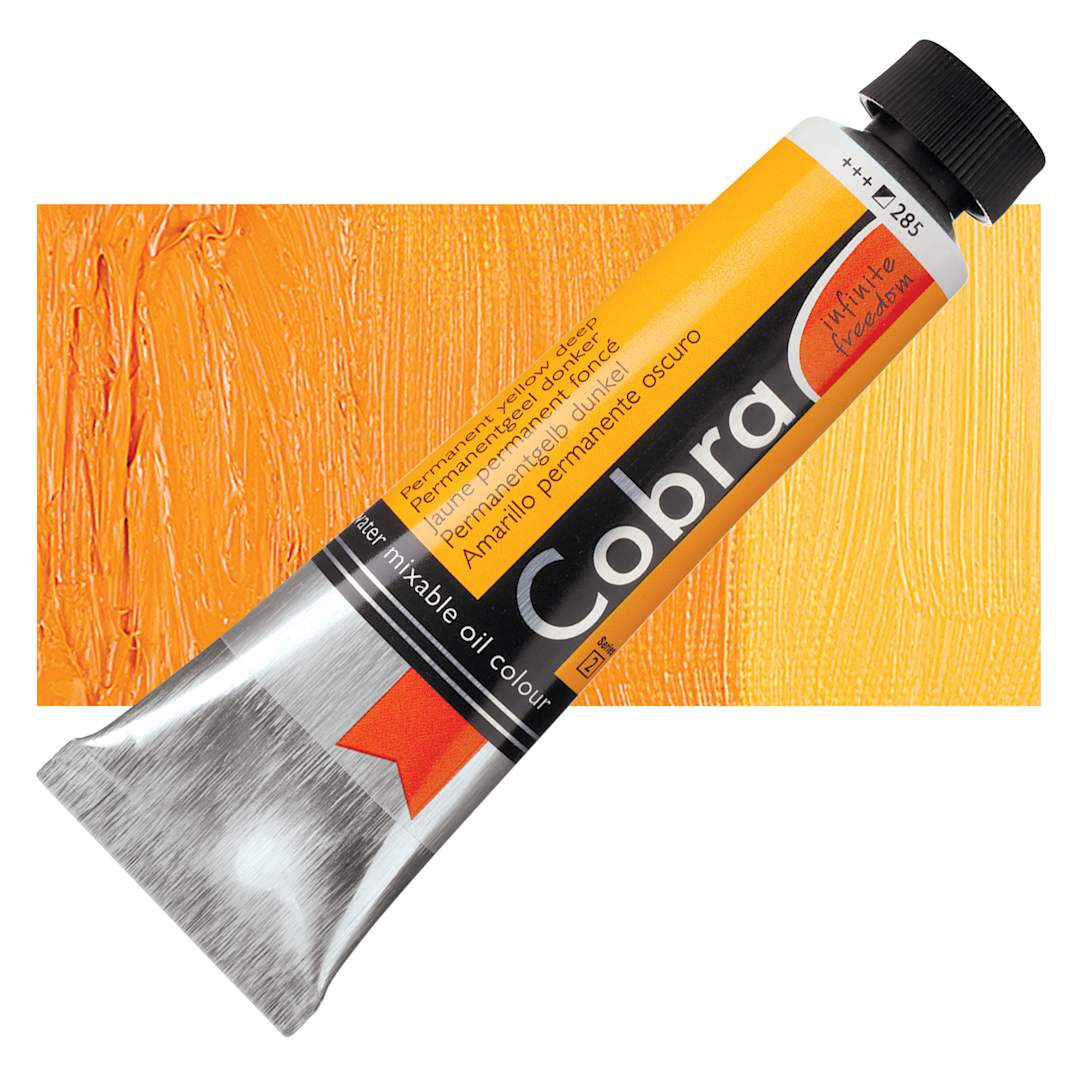 Open in modal - Royal Talens Cobra Water Mixable Oil Paint - Permanent Yellow Deep, 40 ml tube and swatch