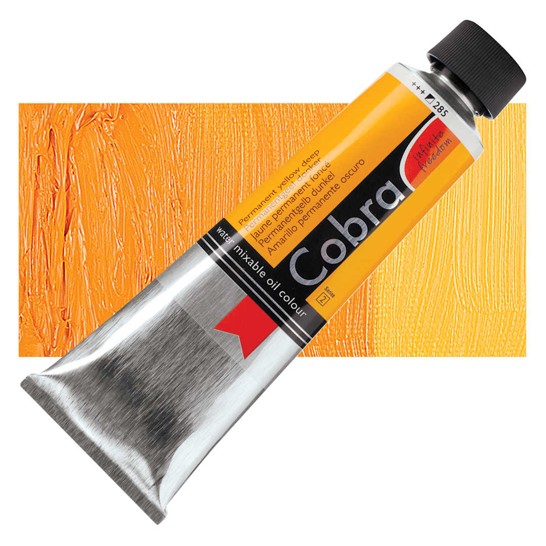 Open in modal - Royal Talens Cobra Water Mixable Oil Paint - Permanent Yellow Deep, 150 ml tube and swatch