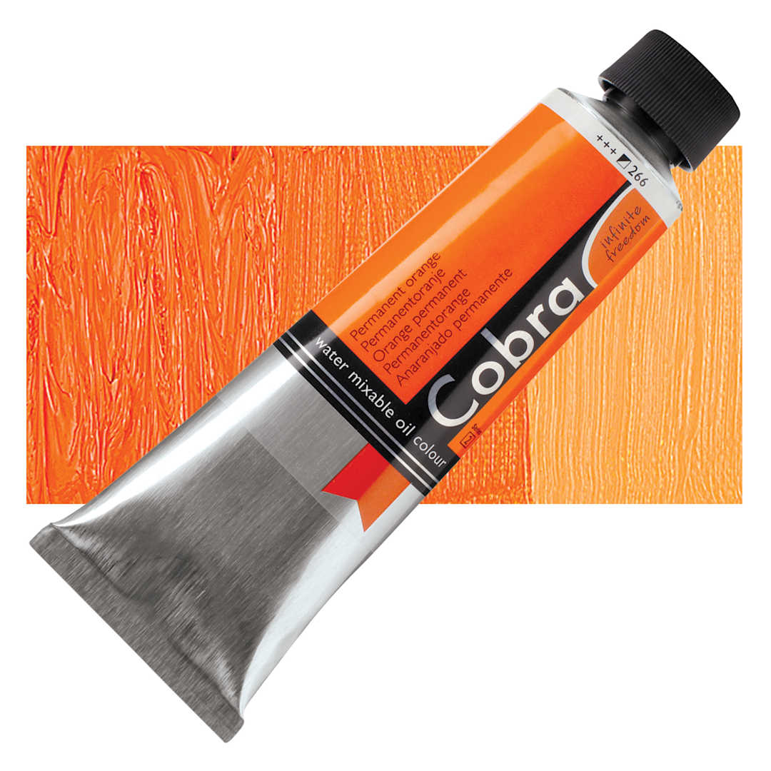 Open in modal - Royal Talens Cobra Water Mixable Oil Paint - Permanent Orange, 150 ml tube and swatch