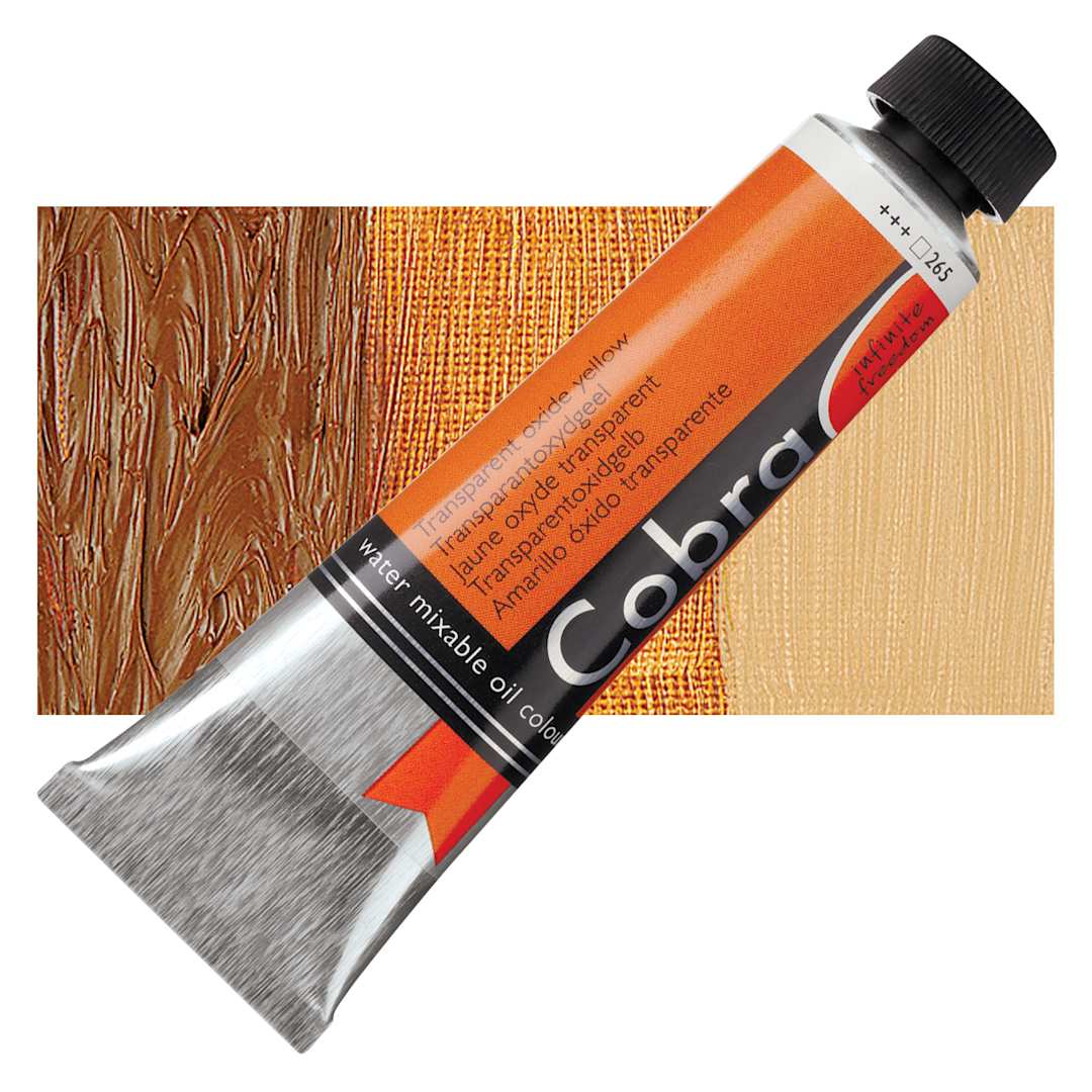 Open in modal - Royal Talens Cobra Water Mixable Oil Paint -  Transparent Oxide Yellow, 40 ml tube and swatch