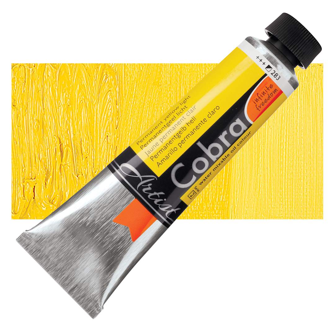 Open in modal - Royal Talens Cobra Water Mixable Oil Paint - Permanent Yellow Light, 40 ml tube and swatch