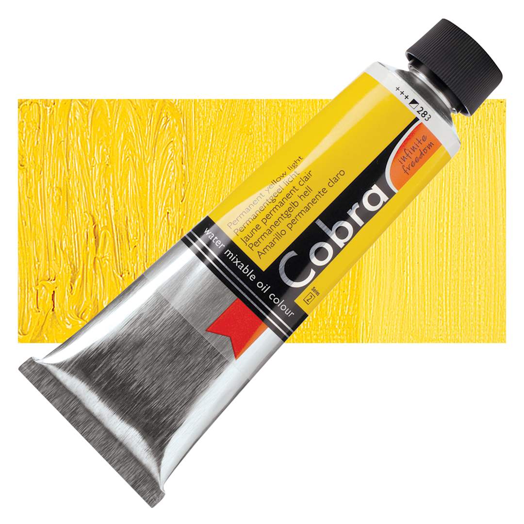 Open in modal - Royal Talens Cobra Water Mixable Oil Paint - Permanent Yellow Light, 150 ml tube and swatch
