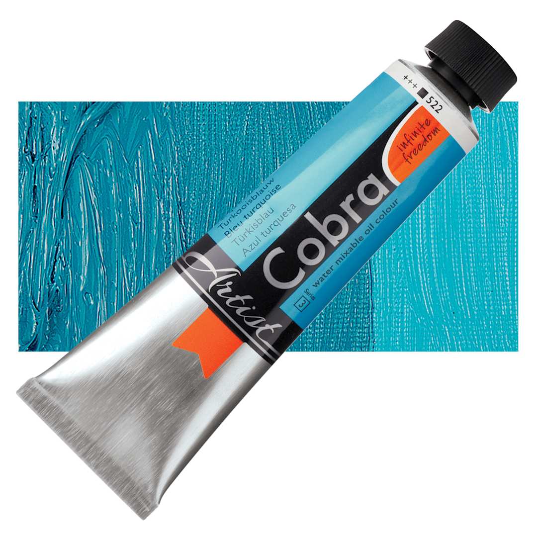 Open in modal - Royal Talens Cobra Water Mixable Oil Paint - Turquoise Blue, 40 ml tube and swatch