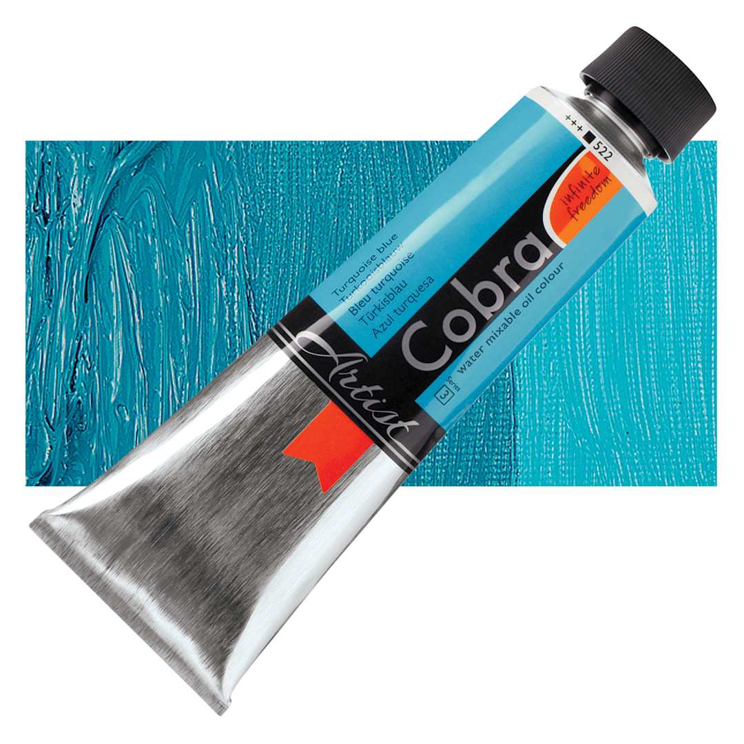 Open in modal - Royal Talens Cobra Water Mixable Oil Paint - Turquoise Blue, 150 ml tube and swatch