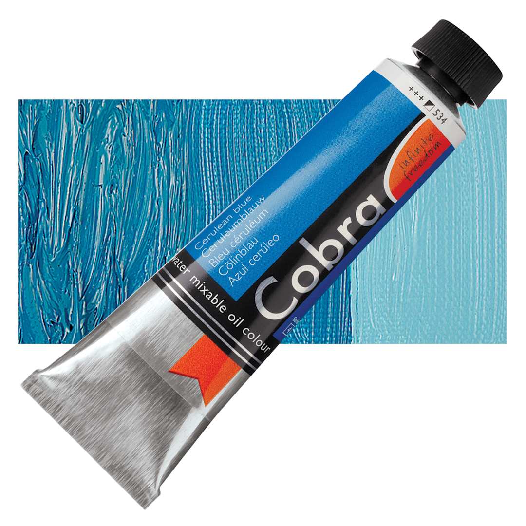 Open in modal - Royal Talens Cobra Water Mixable Oil Paint - Cerulean Blue, 40 ml tube and swatch