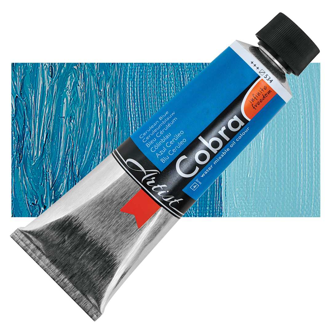 Open in modal - Cobra Artist Water Mixable Oil Paint - Cerulean Blue, 150 ml tube and swatch