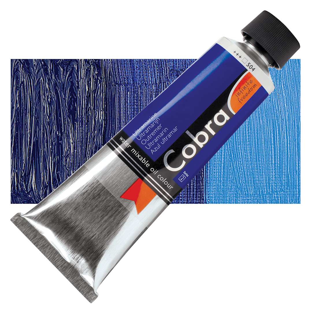 Open in modal - Royal Talens Cobra Water Mixable Oil Paint - Ultramarine, 150 ml tube and swatch