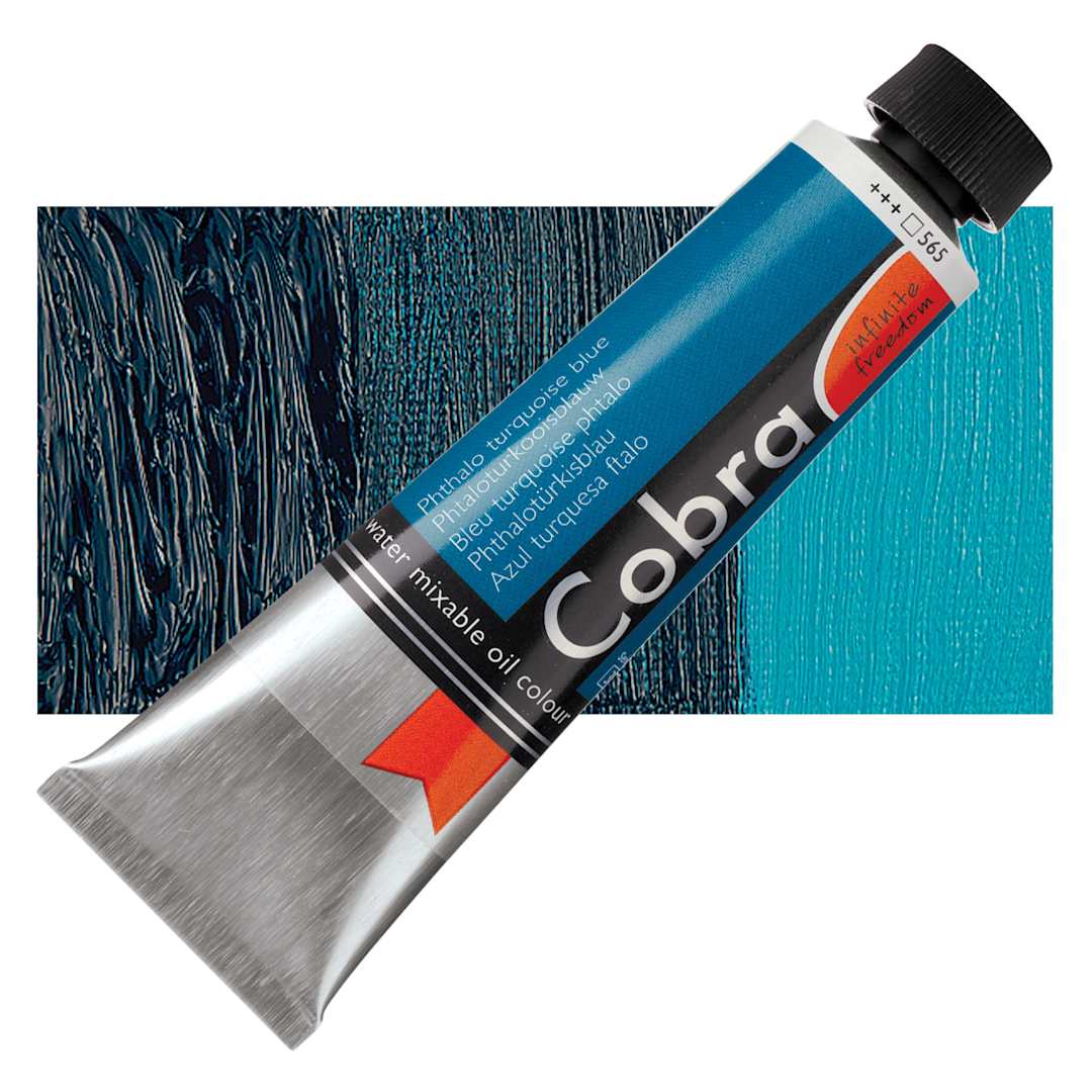 Open in modal - Royal Talens Cobra Water Mixable Oil Paint - Phthalo Turquoise Blue, 40 ml tube and swatch