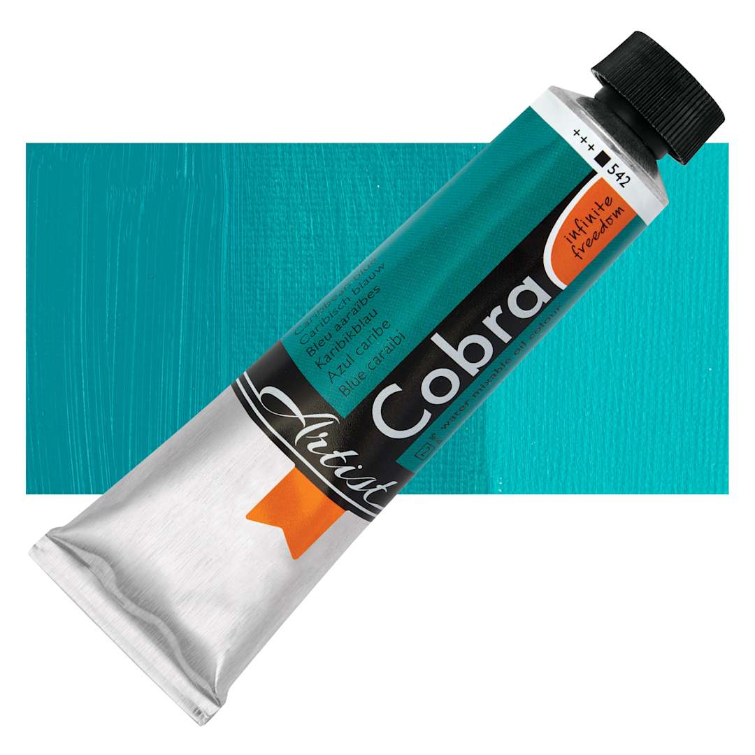 Open in modal - Cobra Artist Water Mixable Oil Paint - Caribbean Blue, 40 ml tube and swatch