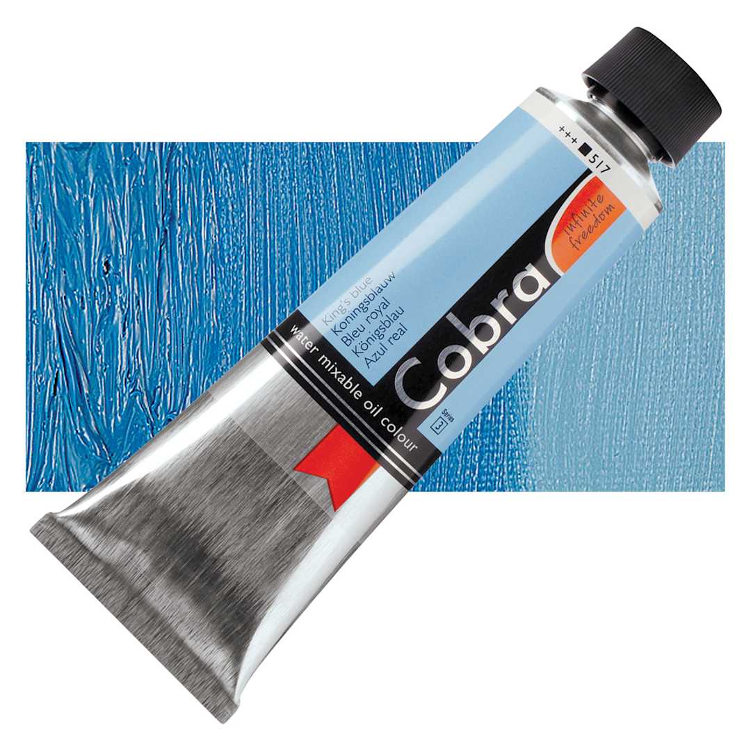 Open in modal - Royal Talens Cobra Water Mixable Oil Paint - King's Blue, 150 ml tube and swatch