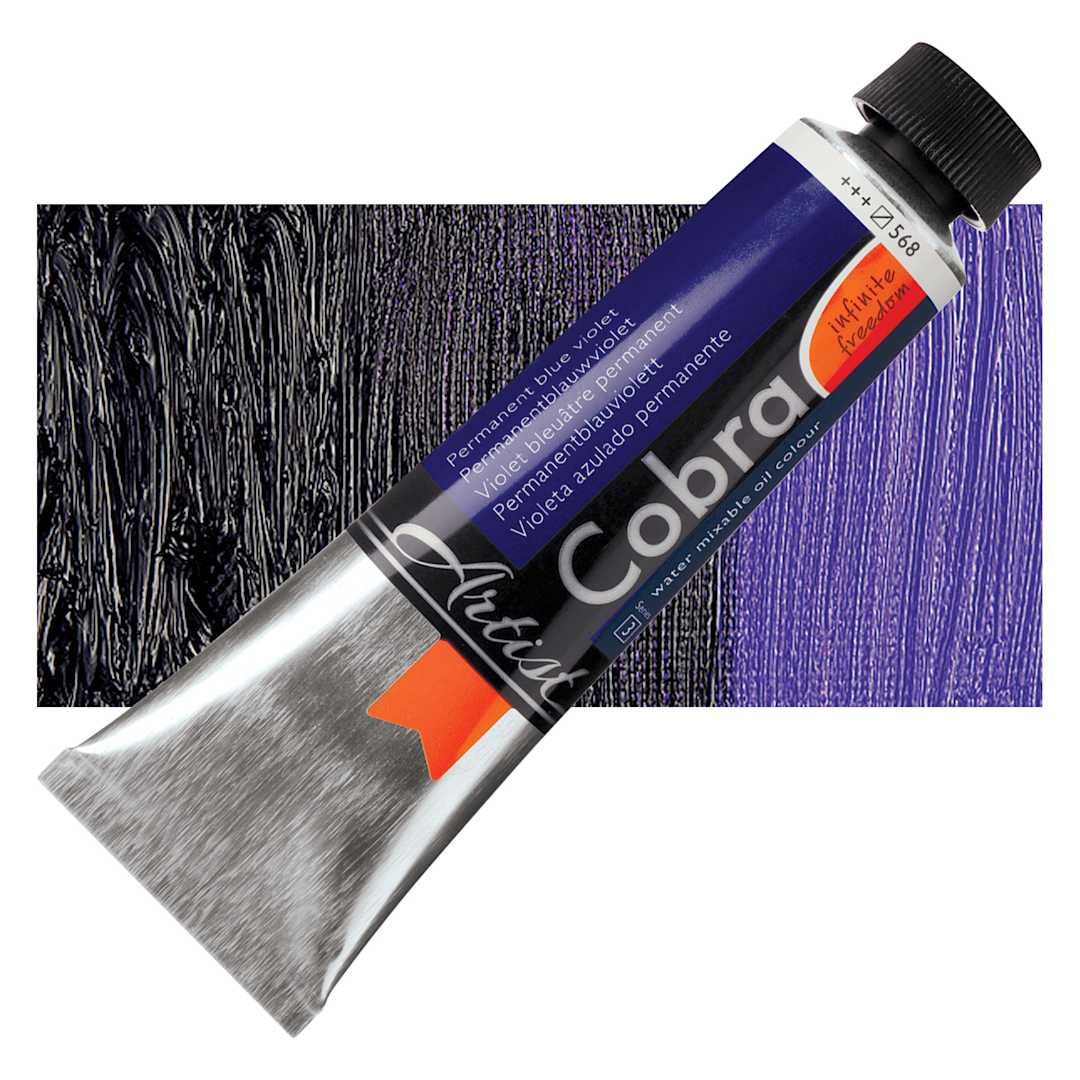 Open in modal - Royal Talens Cobra Water Mixable Oil Paint - Permanent Blue Violet, 40 ml tube and swatch