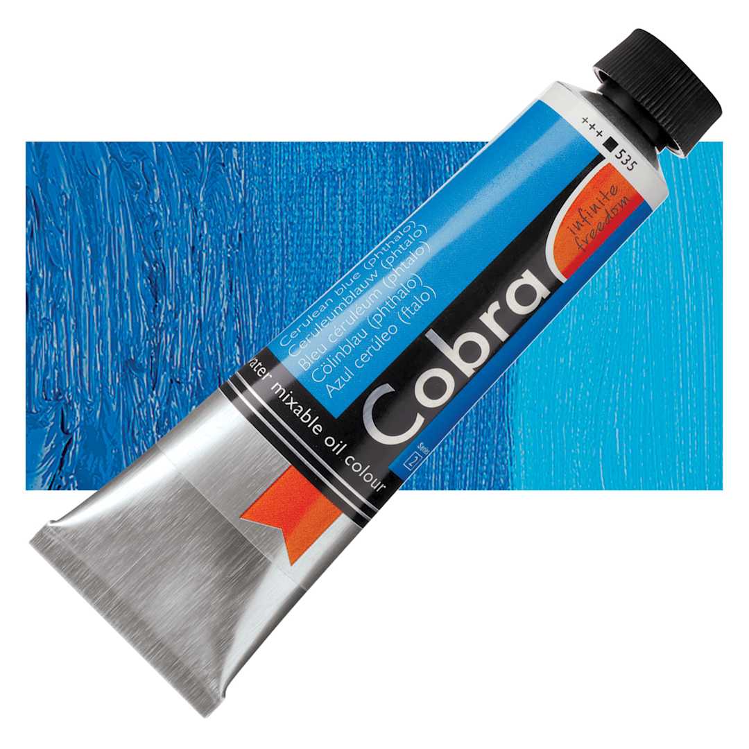 Open in modal - Royal Talens Cobra Water Mixable Oil Paint - Cerulean Blue Phthalo, 40 ml tube and swatch