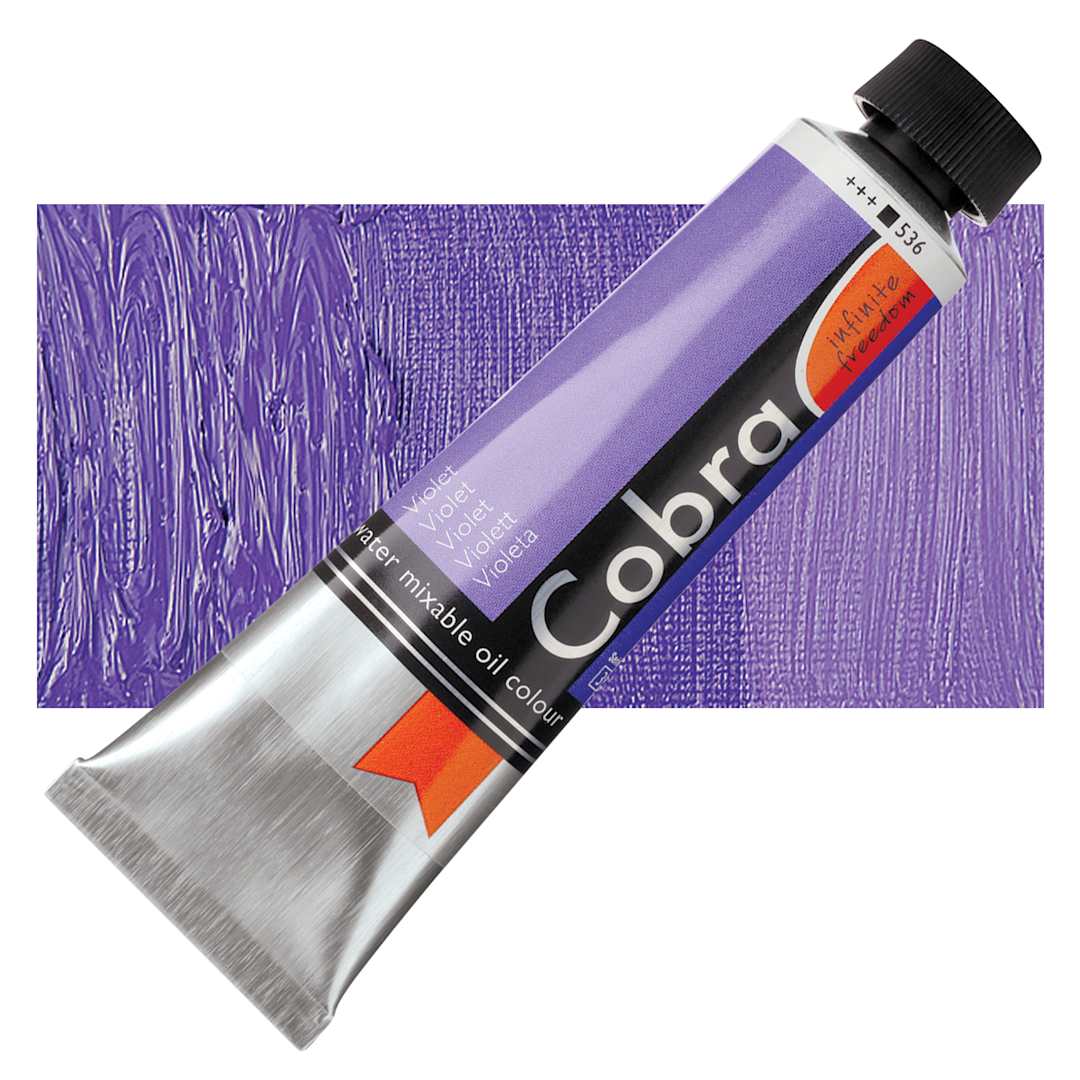 Open in modal - Royal Talens Cobra Water Mixable Oil Paint - Violet, 40 ml tube and swatch