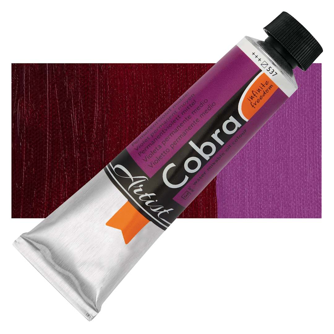 Open in modal - Cobra Artist Water Mixable Oil Paint - Permanent Violet Medium, 40 ml tube and swatch