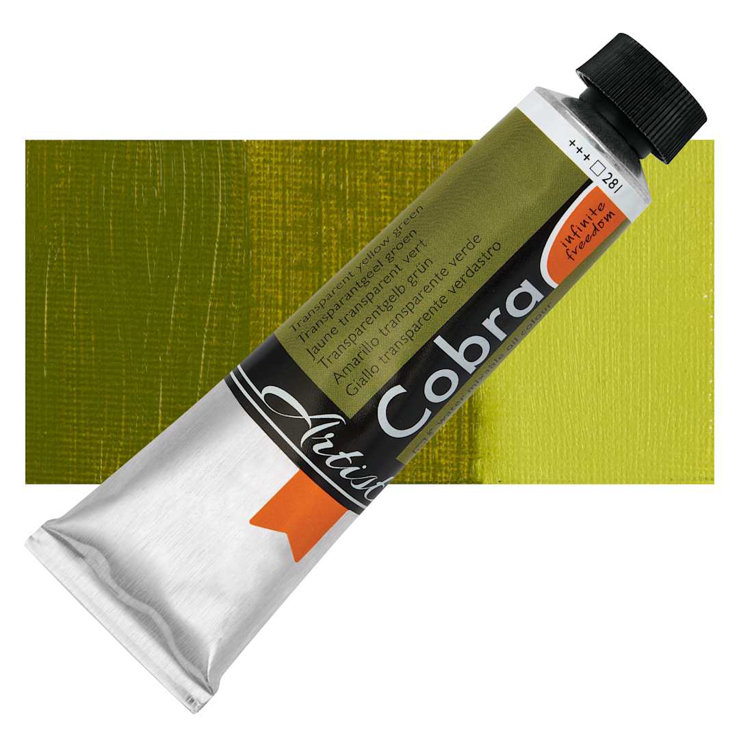 Open in modal - Cobra Artist Water Mixable Oil Paint - Transparent Yellow Green, 40 ml tube and swatch