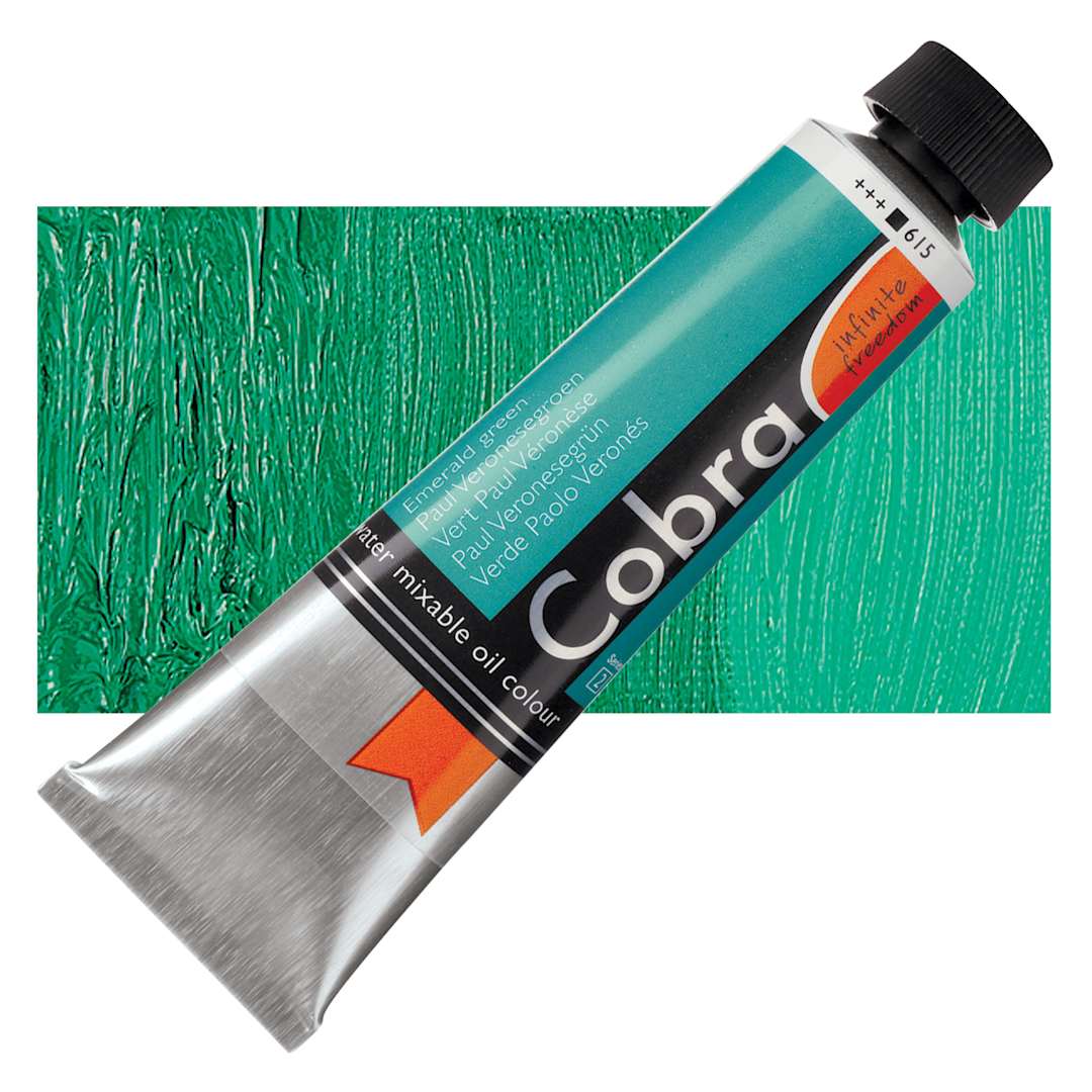 Open in modal - Royal Talens Cobra Water Mixable Oil Paint - Emerald Green, 40 ml tube and swatch