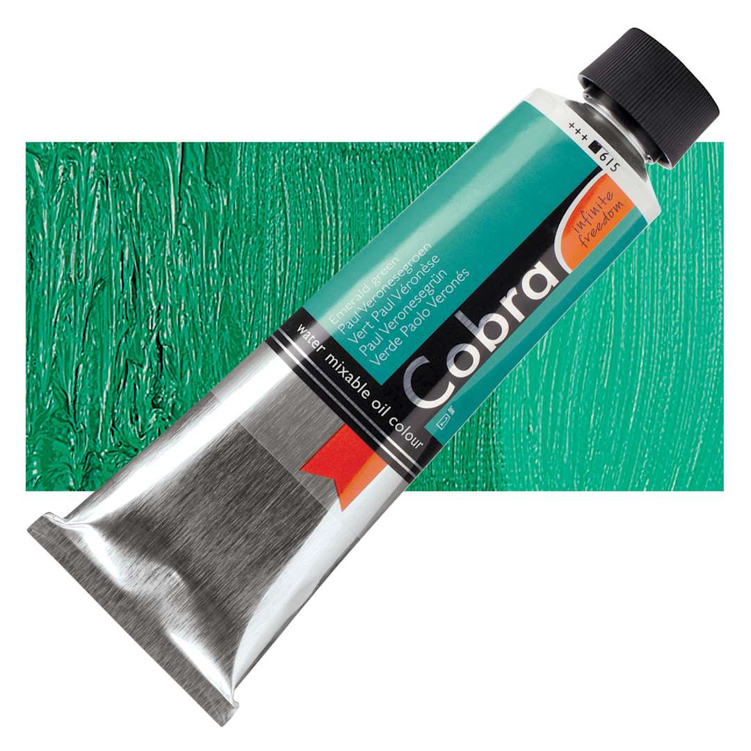 Open in modal - Royal Talens Cobra Water Mixable Oil Paint - Emerald Green, 150 ml tube and swatch