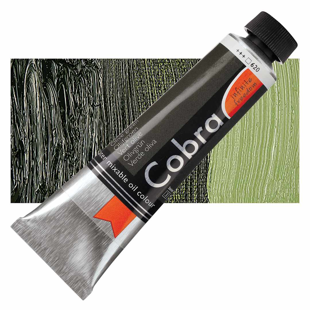Open in modal - Royal Talens Cobra Water Mixable Oil Paint - Olive Green, 40 ml tube and swatch