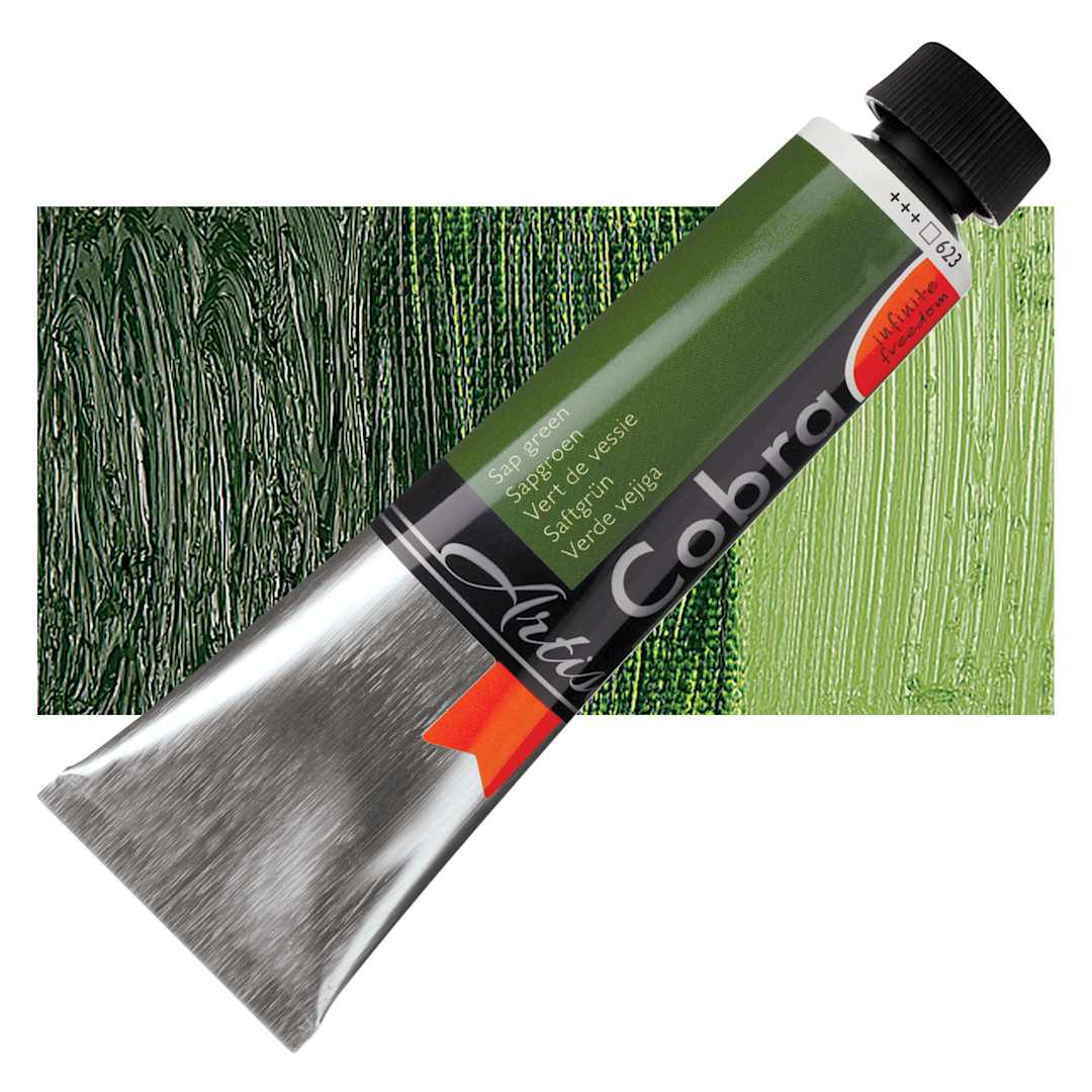 Open in modal - Royal Talens Cobra Water Mixable Oil Paint - Sap Green, 40 ml tube and swatch