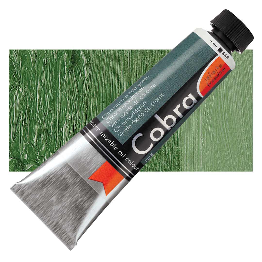 Open in modal - Royal Talens Cobra Water Mixable Oil Paint - Chromium Oxide Green, 40 ml tube and swatch
