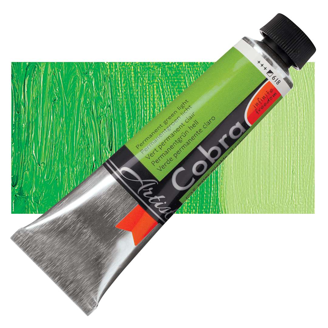 Open in modal - Royal Talens Cobra Water Mixable Oil Paint - Permanent Green Light, 40 ml tube and swatch