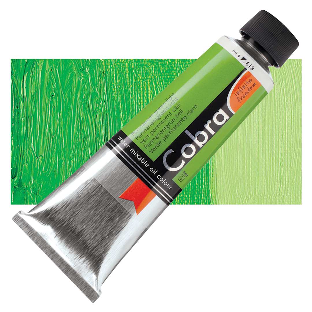 Open in modal - Royal Talens Cobra Water Mixable Oil Paint - Permanent Green Light, 150 ml tube and swatch