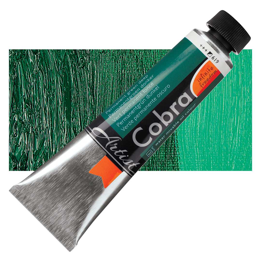Open in modal - Royal Talens Cobra Water Mixable Oil Paint - Permanent Green Deep, 40 ml tube and swatch
