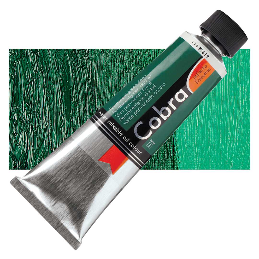 Open in modal - Royal Talens Cobra Water Mixable Oil Paint - Permanent Green Deep, 150 ml tube and swatch