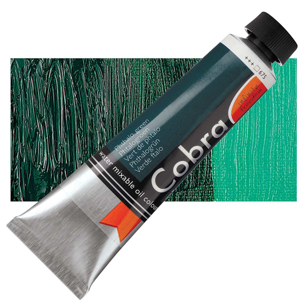 Open in modal - Royal Talens Cobra Water Mixable Oil Paint - Phthalo Green, 40 ml tube and swatch