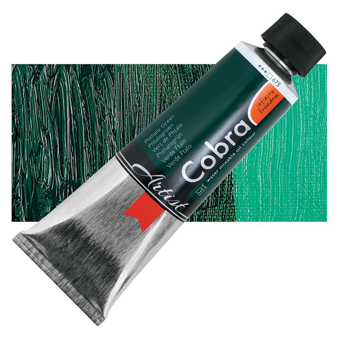 Open in modal - Cobra Artist Water Mixable Oil Paint - Phthalo Green, 150 ml tube and swatch