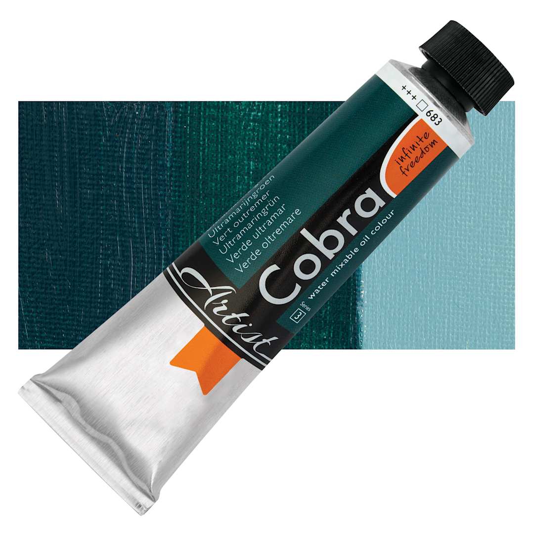 Open in modal - Cobra Artist Water Mixable Oil Paint - Ultramarine Green, 40 ml tube and swatch