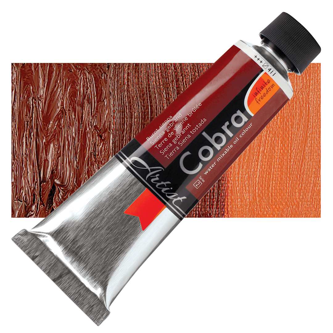 Open in modal - Royal Talens Cobra Water Mixable Oil Paint - Burnt Sienna, 150 ml tube and swatch
