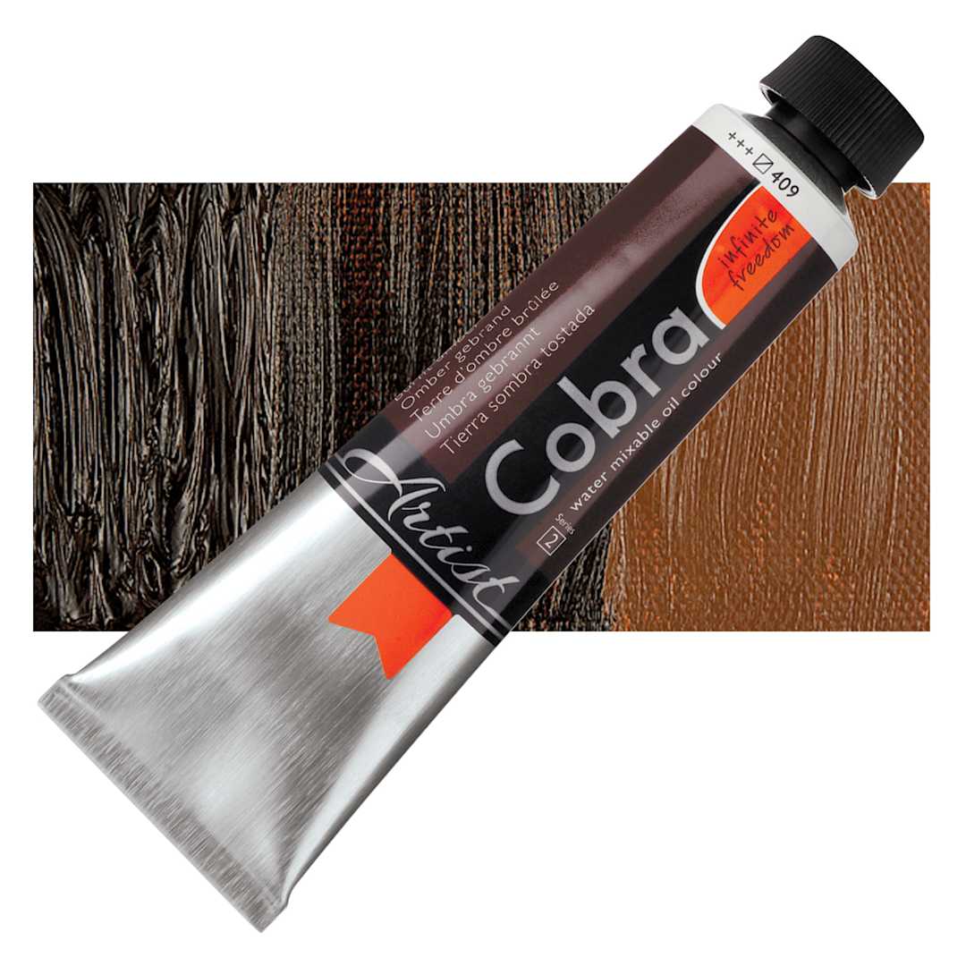 Open in modal - Royal Talens Cobra Water Mixable Oil Paint - Burnt Umber, 40 ml tube and swatch