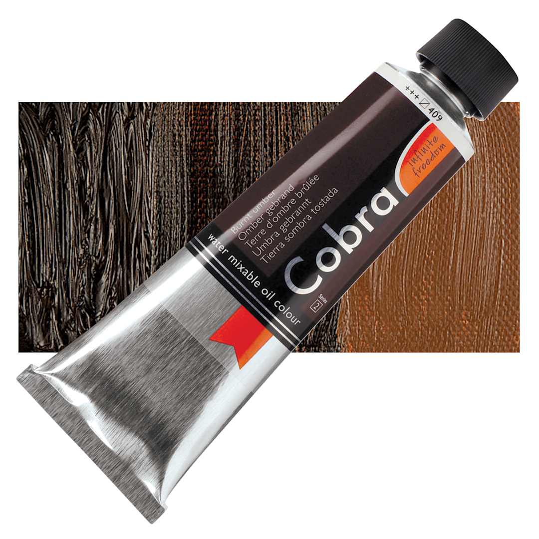 Open in modal - Royal Talens Cobra Water Mixable Oil Paint - Burnt Umber, 150 ml tube and swatch