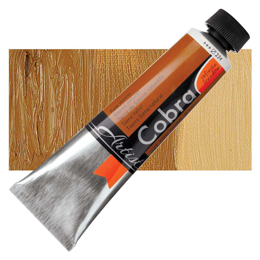 Open in modal - Royal Talens Cobra Water Mixable Oil Paint - Raw Sienna, 40 ml tube and swatch