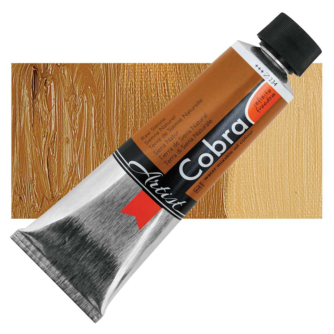 Open in modal - Cobra Artist Water Mixable Oil Paint - Raw Sienna, 150 ml tube and swatch