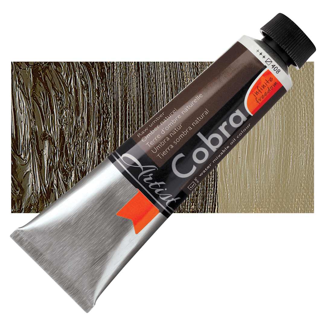 Open in modal - Royal Talens Cobra Water Mixable Oil Paint - Raw Umber, 40 ml tube and swatch