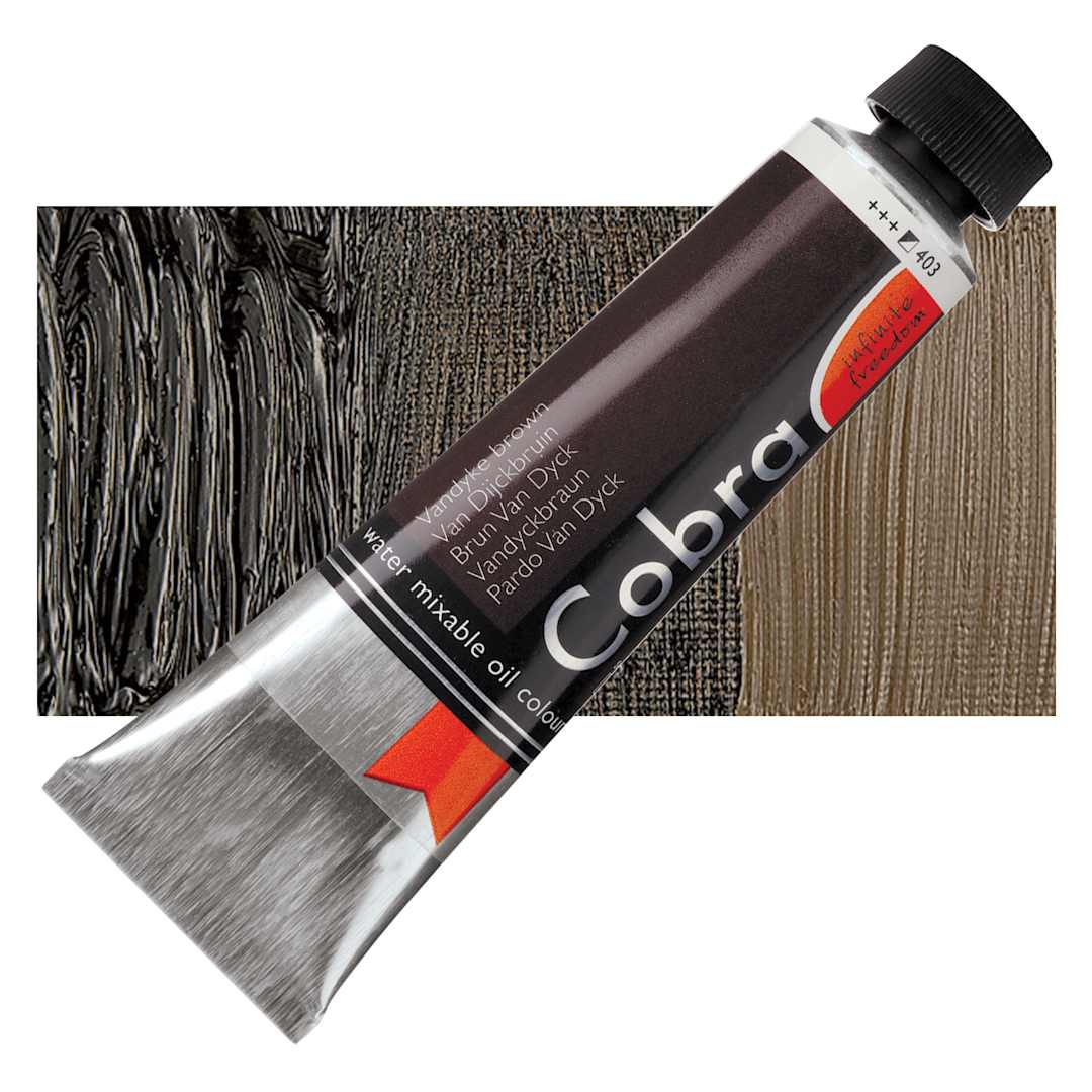 Open in modal - Royal Talens Cobra Water Mixable Oil Paint - Van Dyke Brown, 40 ml tube and swatch