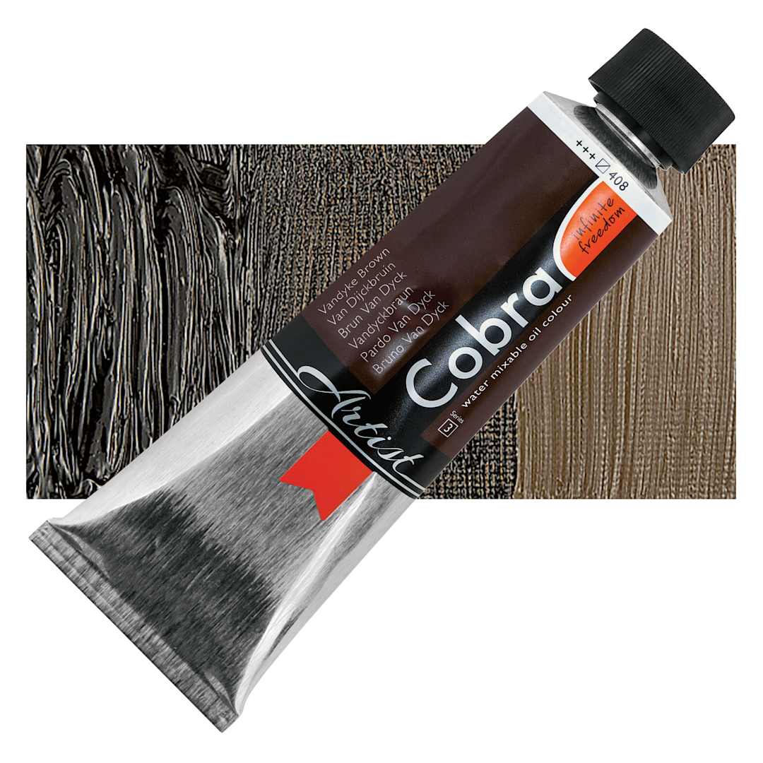 Open in modal - Cobra Artist Water Mixable Oil Paint - Van Dyke Brown, 150 ml tube and swatch