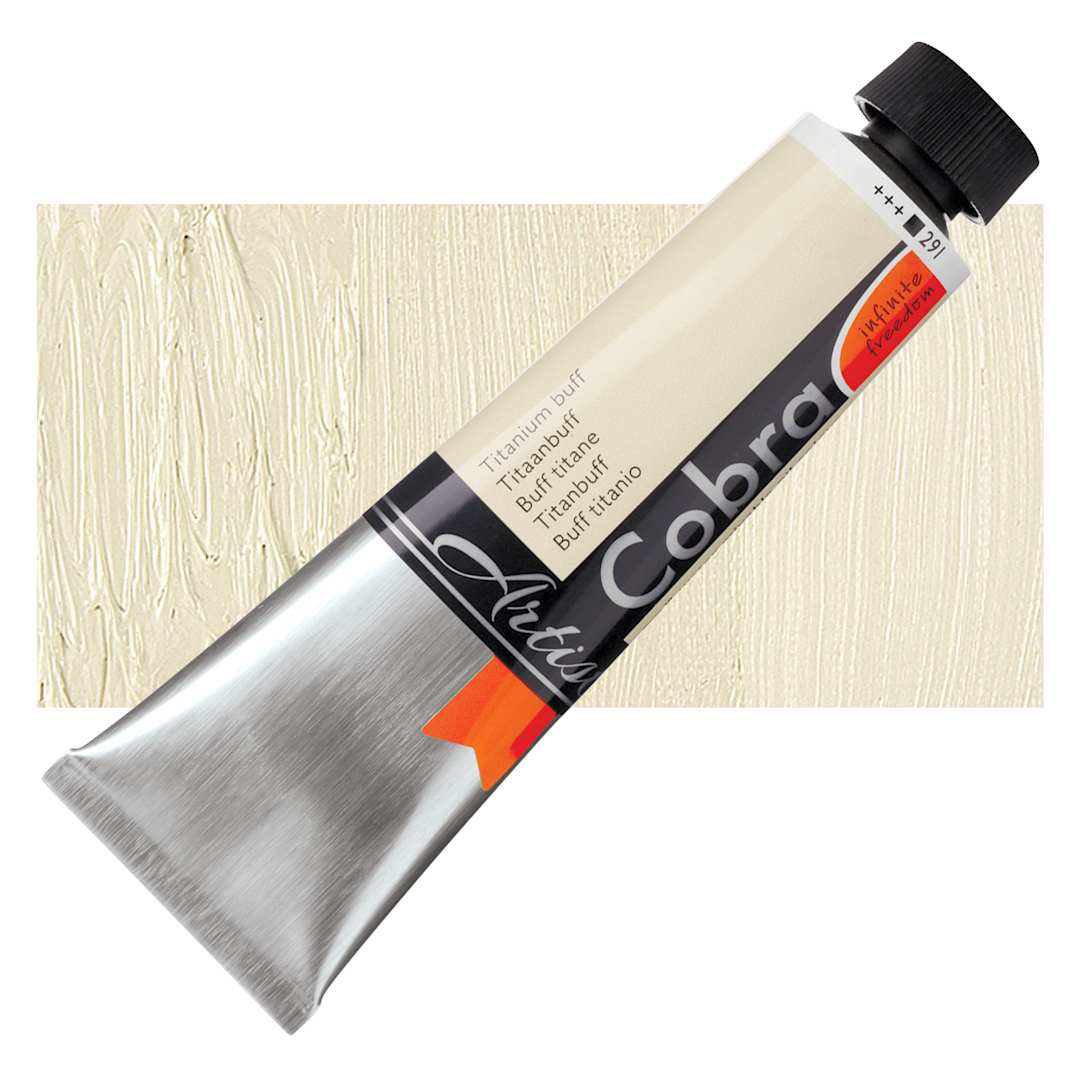 Open in modal - Royal Talens Cobra Water Mixable Oil Paint - Titanium Buff, 40 ml tube and swatch