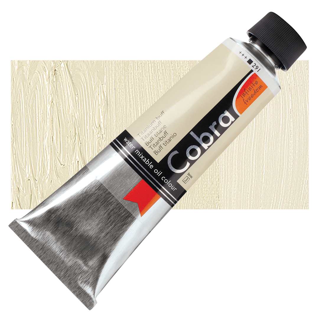 Open in modal - Royal Talens Cobra Water Mixable Oil Paint - Titanium Buff, 150 ml tube and swatch