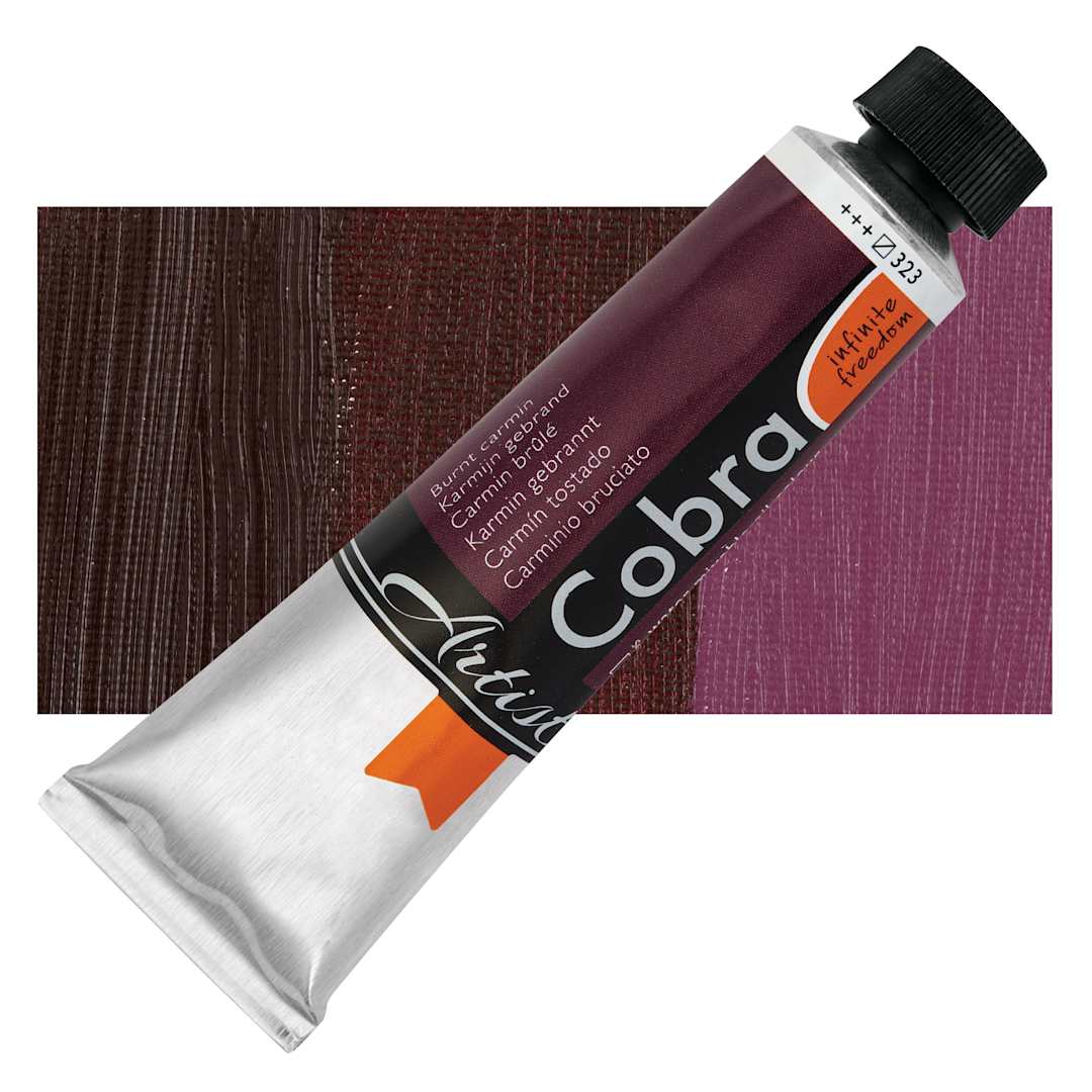 Open in modal - Cobra Artist Water Mixable Oil Paint - Burnt Carmine, 40 ml tube and swatch