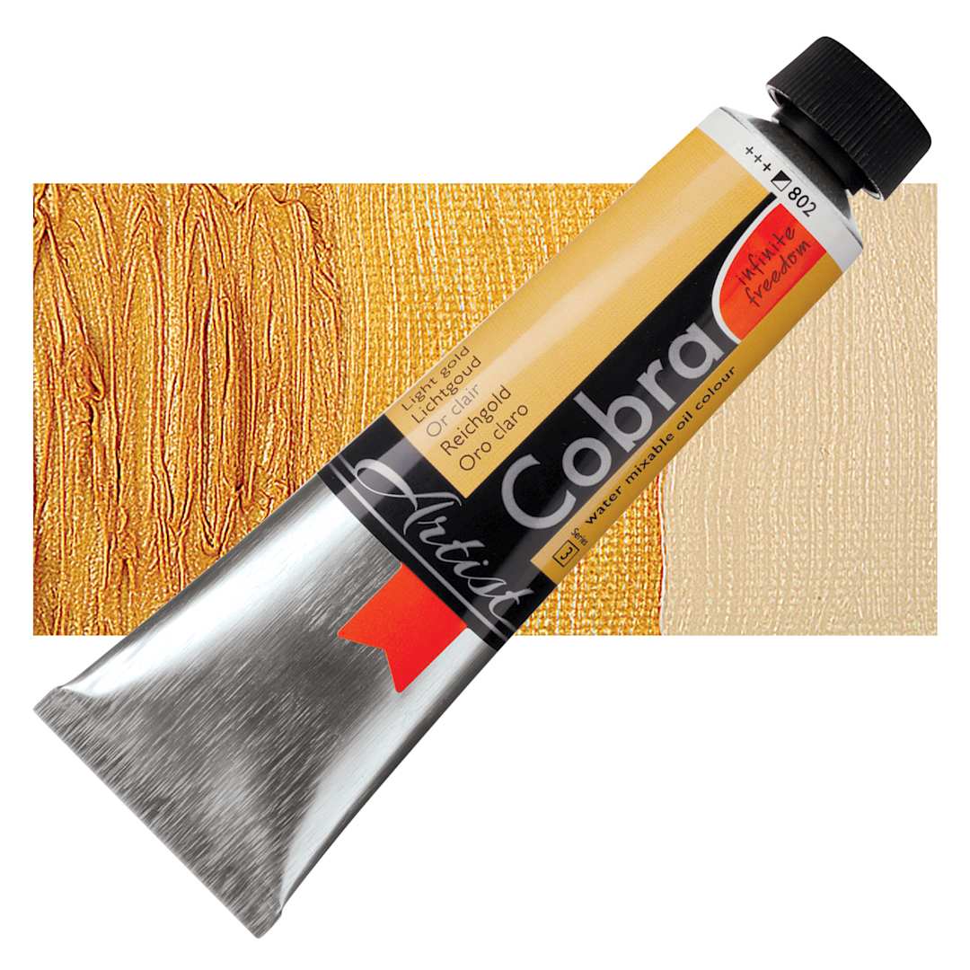 Open in modal - Royal Talens Cobra Water Mixable Oil Paint - Light Gold (Metallic), 40 ml tube and swatch