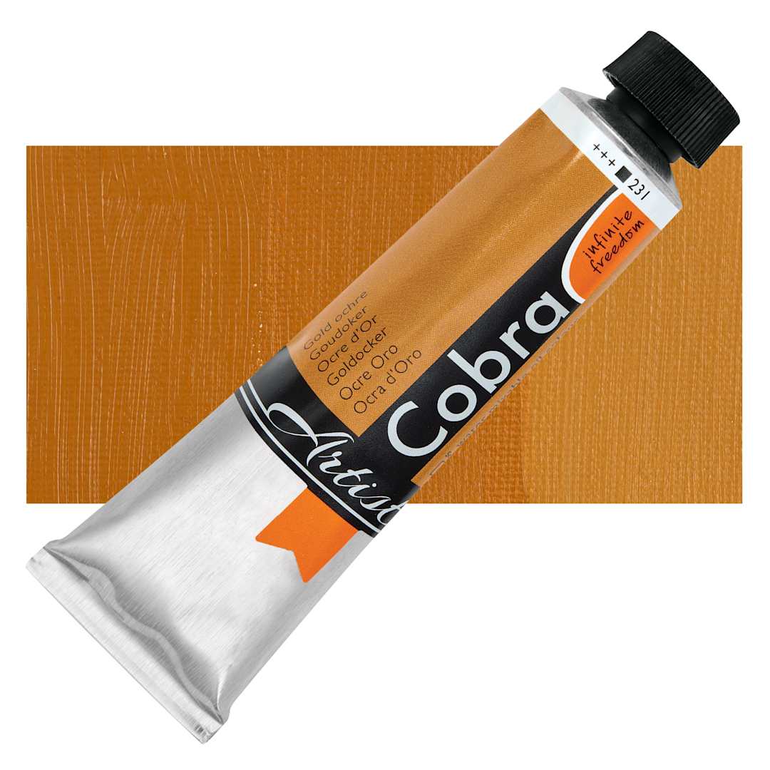 Open in modal - Cobra Artist Water Mixable Oil Paint - Gold Ochre, 40 ml tube and swatch