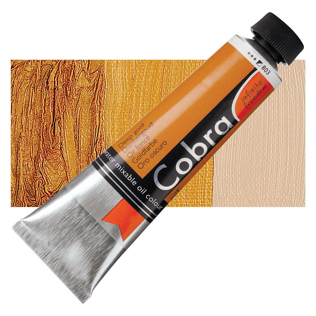 Open in modal - Royal Talens Cobra Water Mixable Oil Paint - Deep Gold (Metallic), 40 ml tube and swatch