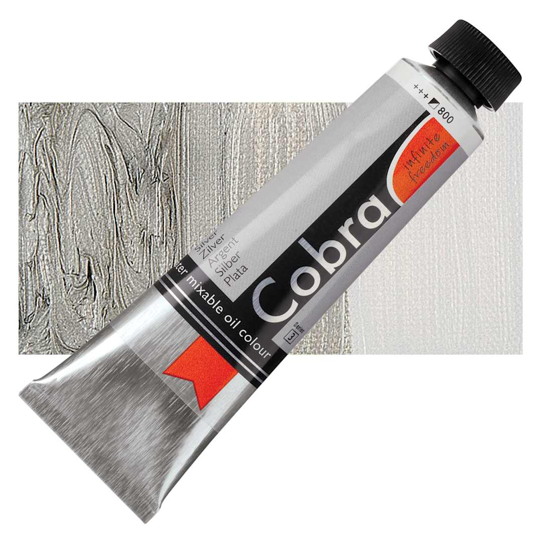 Open in modal - Royal Talens Cobra Water Mixable Oil Paint - Silver (Metallic), 40 ml tube and swatch