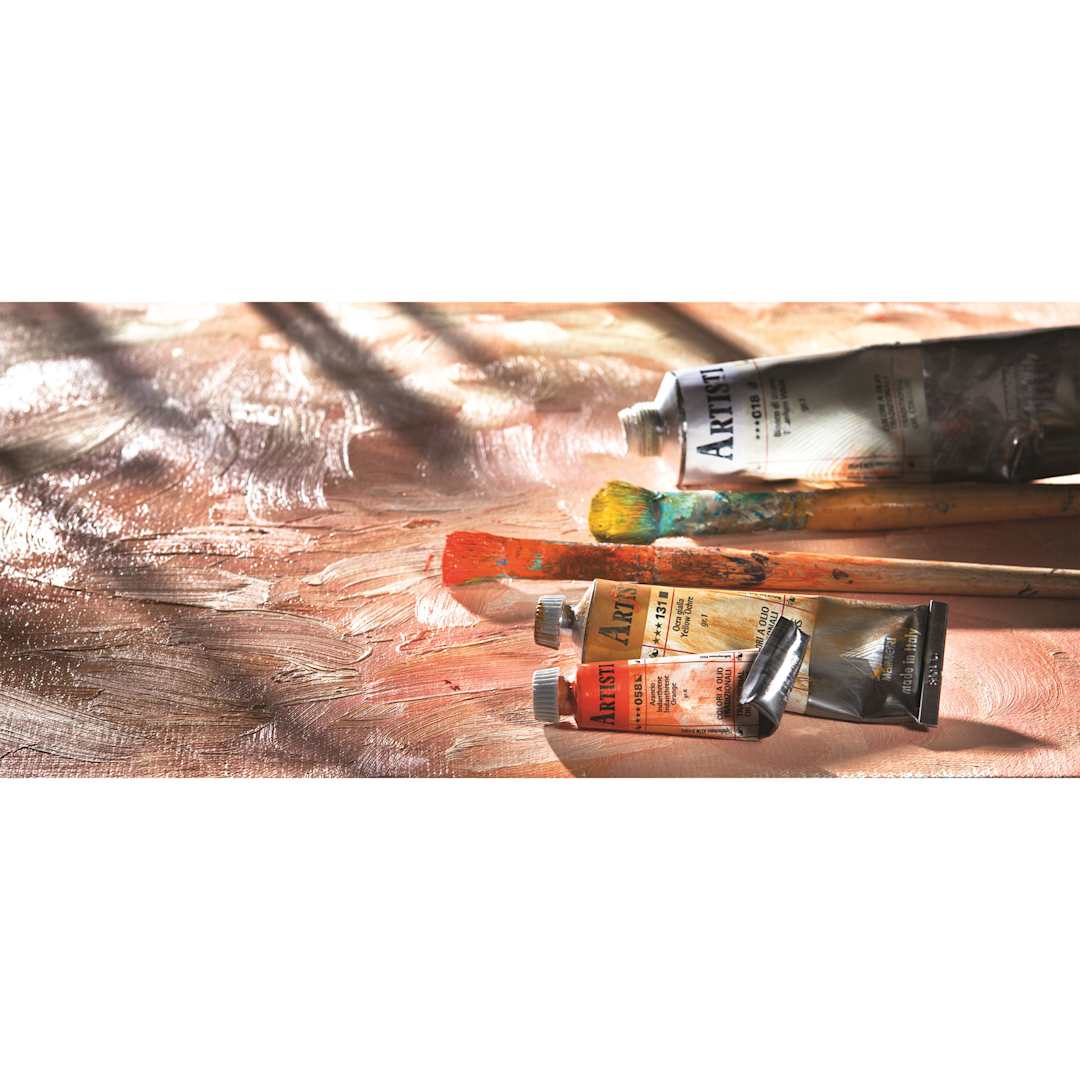 Open in modal - Maimeri Artisti Oil Paints and brushes on painted surface.