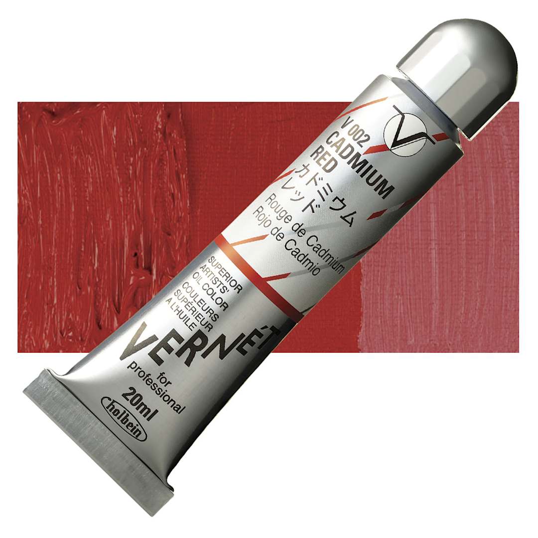 Open in modal - Holbein Vernét Superior Artists' Oil Paint - Cadmium Red, 20 ml tube and swatch