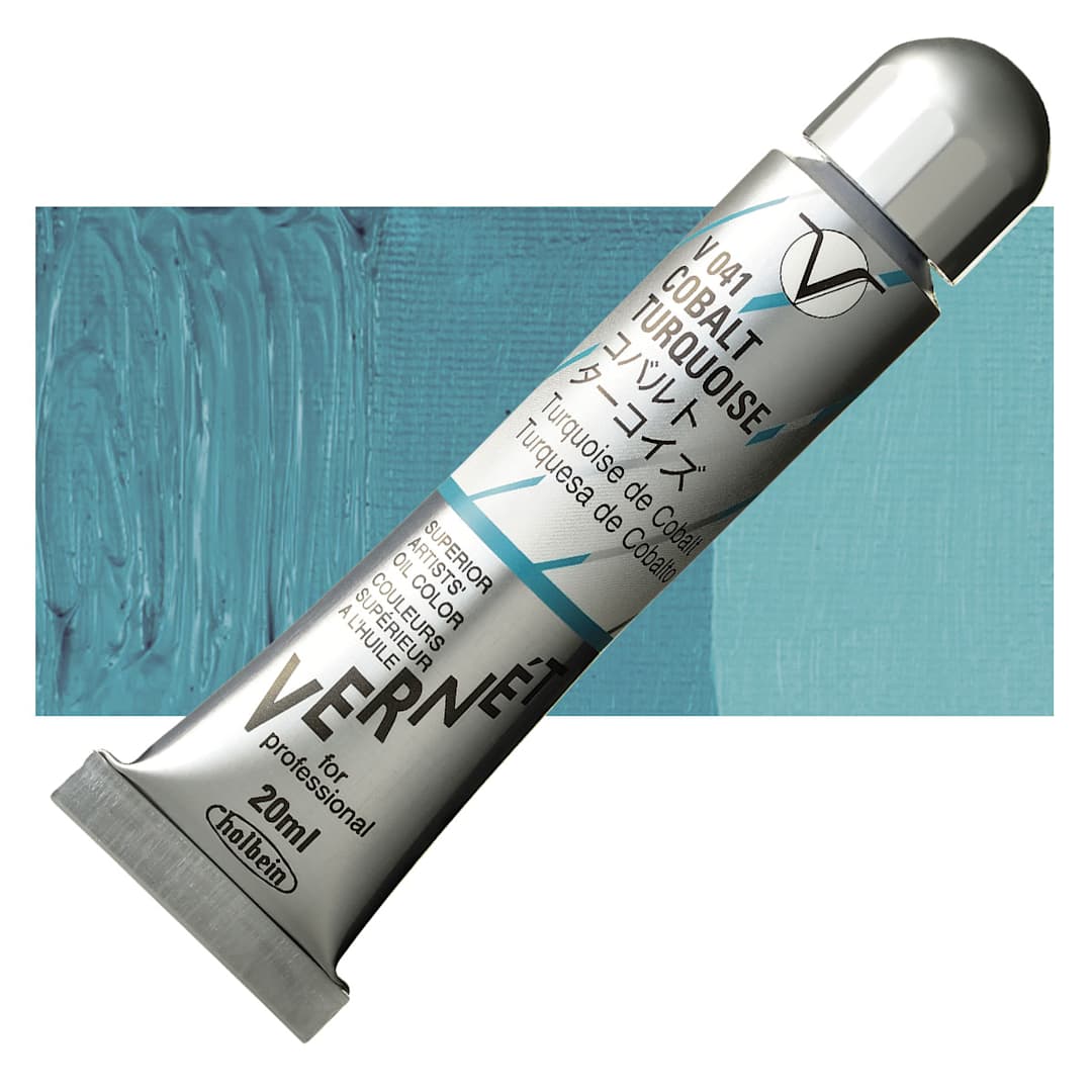 Open in modal - Holbein Vernét Superior Artists' Oil Paint - Cobalt Turquoise, 20 ml tube and swatch