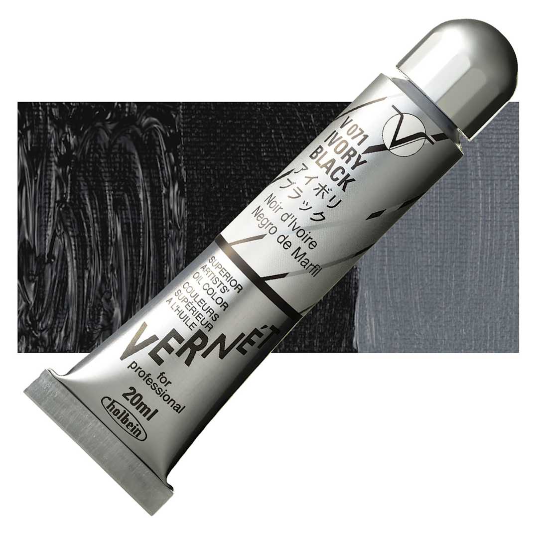 Open in modal - Holbein Vernét Superior Artists' Oil Paint - Ivory Black, 20 ml tube and swatch